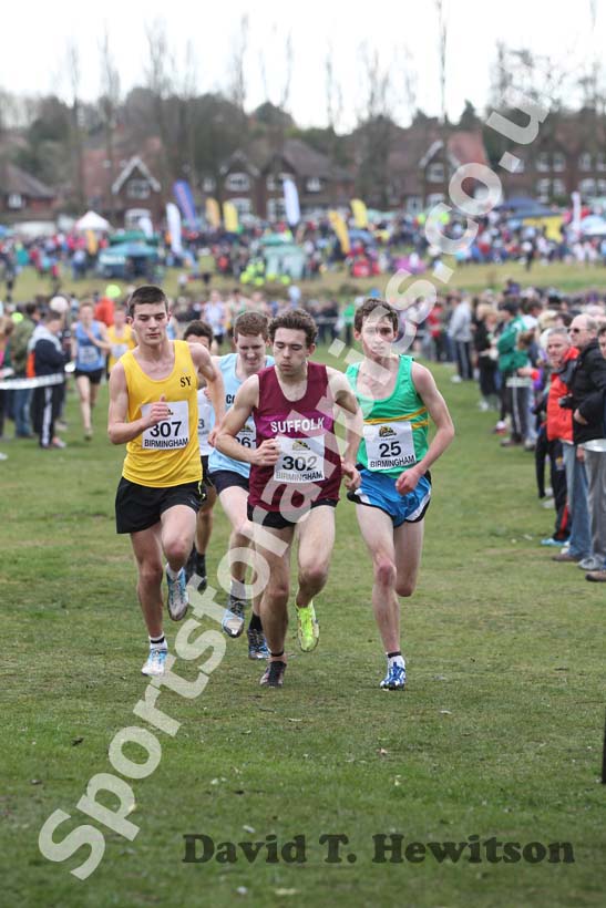307 Ian Bailey, 302 Kieran Clements and 25 Zak Seddon leaders in the Under-20 Men, McCain Inter Counties Cross Country, Cofton Park, Birmingham.